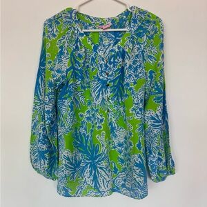 Lilly Pulitzer Green and Blue Graphic Blouse 100% silk sz L